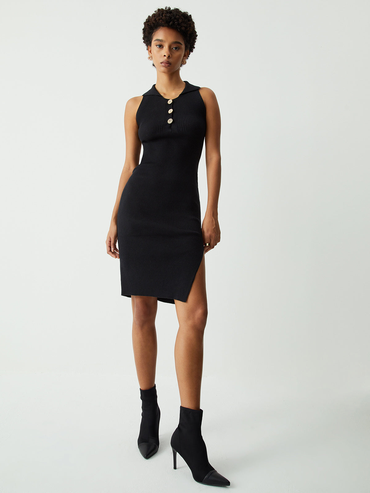 Quarter Buttoned Slit Midi Sweater Dress