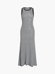 Striped Crew Neck Pleated Sweater Long Dress