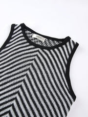 Striped Crew Neck Pleated Sweater Long Dress